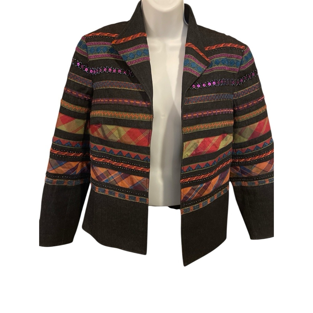 COLDWATER CREEK WOMENS DARK DENIM JACKET SZ 8 Sequins Beaded Embroidered